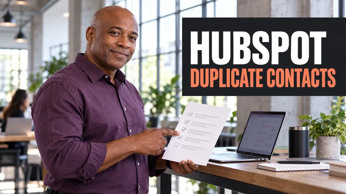 CRM administrator standing beside a laptop with a cleanup checklist and HubSpot duplicate contacts headline