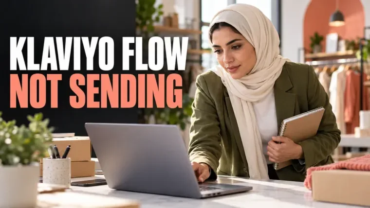 Ecommerce marketer at a retail studio laptop beside a Klaviyo flow not sending headline