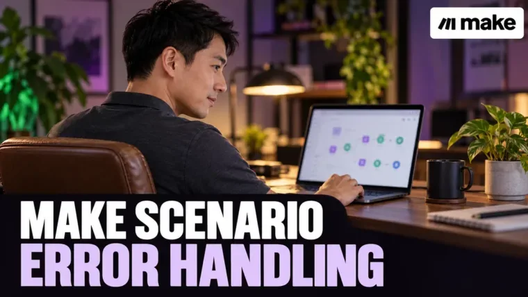 Automation specialist reviewing a laptop with the Make brand mark and scenario error handling headline