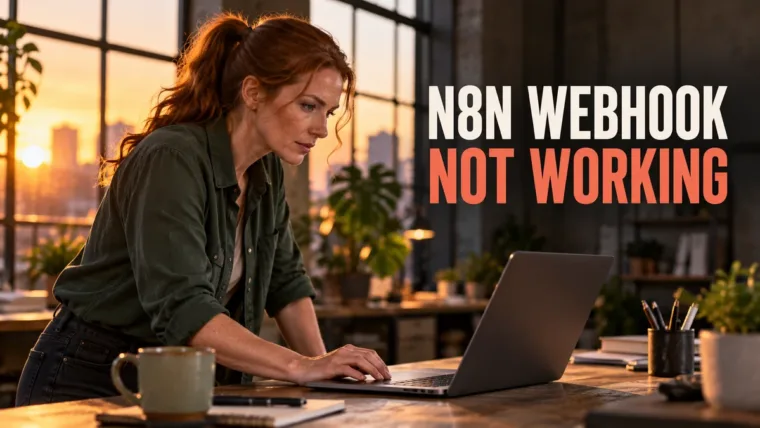 Developer using a laptop in a sunset-lit studio beside an n8n webhook not working headline