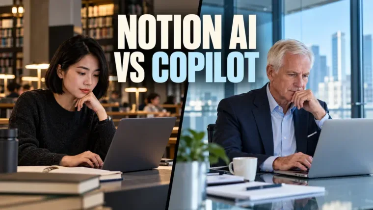 Split-screen library and office laptop workspaces under a Notion AI vs Copilot headline