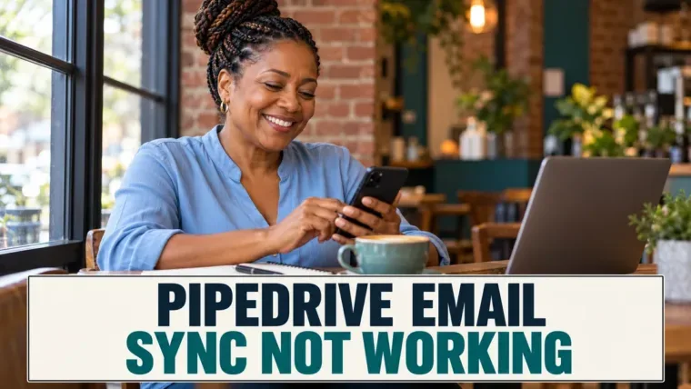 Sales manager checking her phone at a cafe workstation beneath a Pipedrive email sync headline