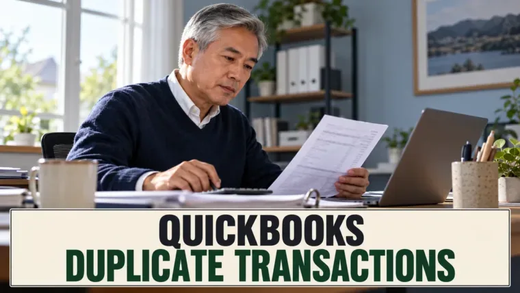 Bookkeeper comparing a bank statement and laptop beneath a QuickBooks duplicate transactions headline