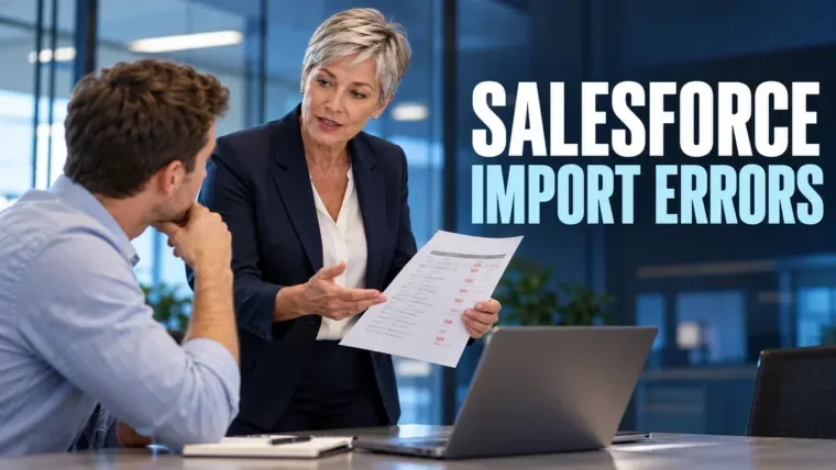 CRM analyst reviewing an import checklist with a colleague beside a Salesforce import errors headline