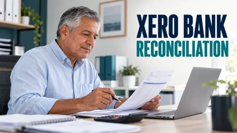 Bookkeeper reviewing a statement beside a laptop under a Xero bank reconciliation headline